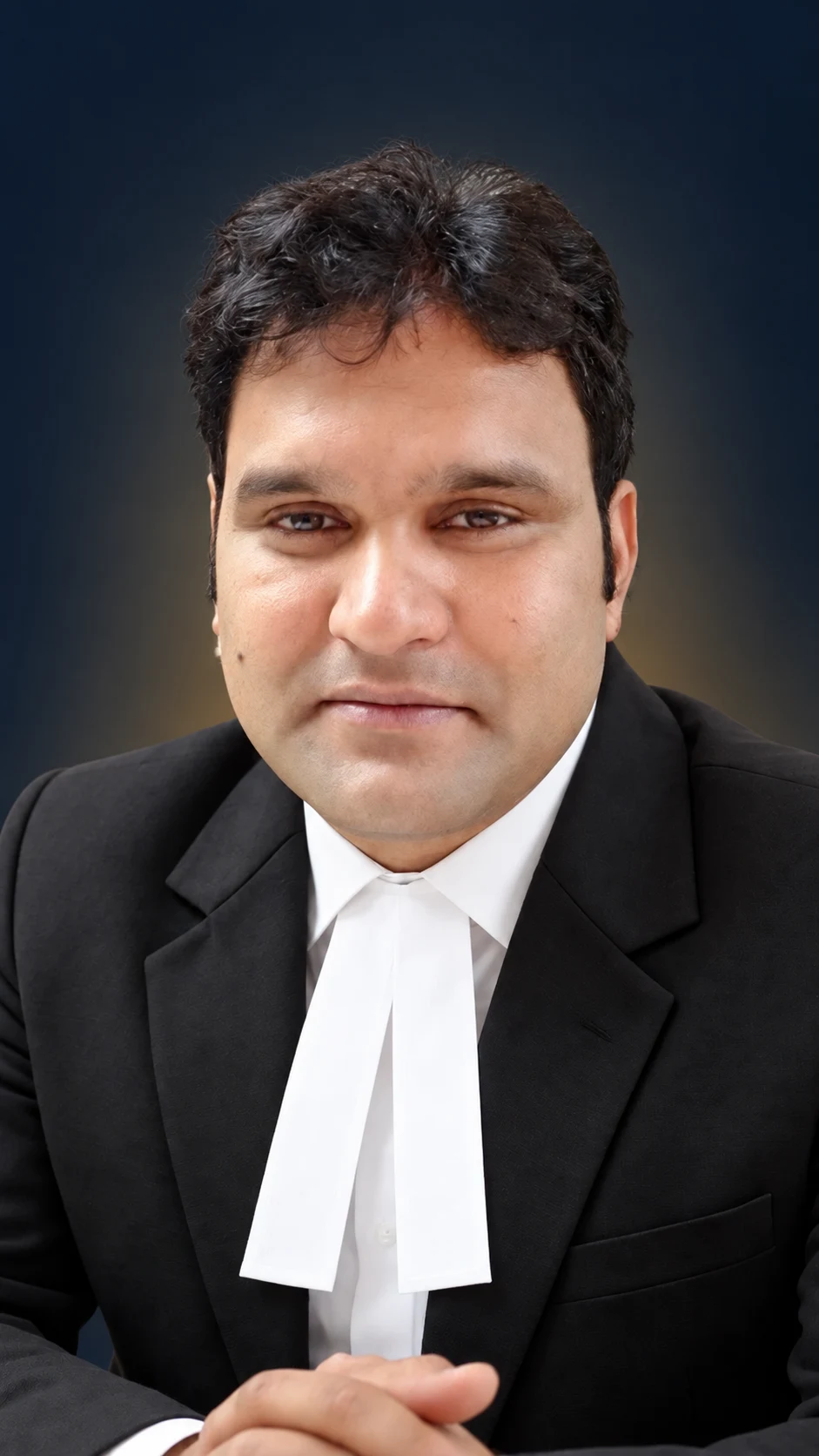 Portrait of Rikesh Singh wearing a black advocate coat and white neck bands